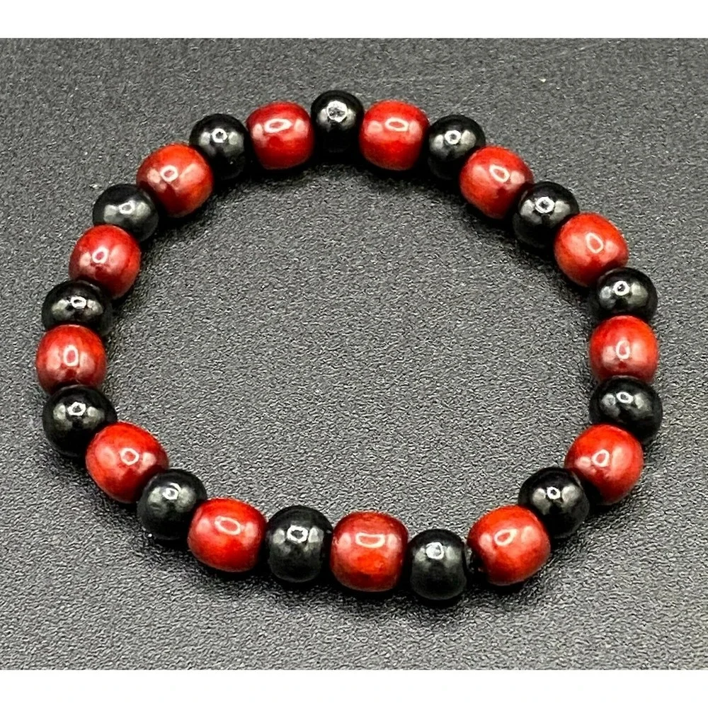 Red Burgundy and Black Wood Bead Expandable Bracelet